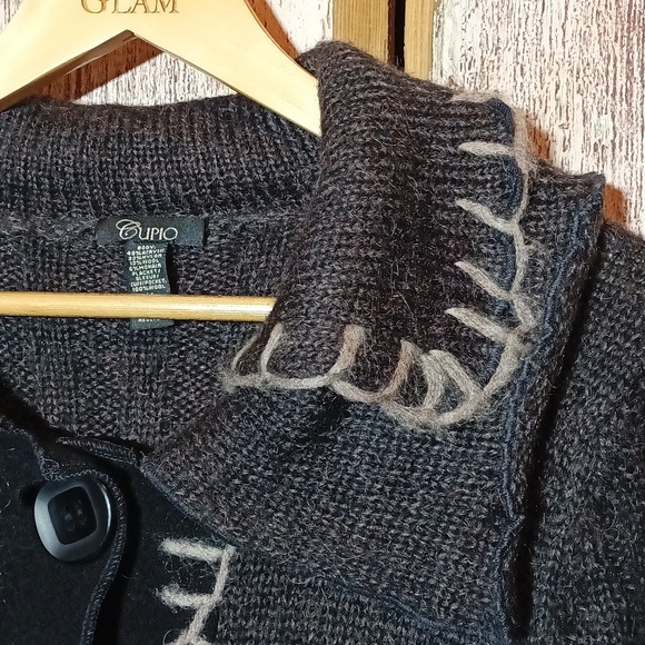 Rare Cupio duster cardigan wool blend Y2K large buttons ruffles mixed media M - Picture 2 of 10